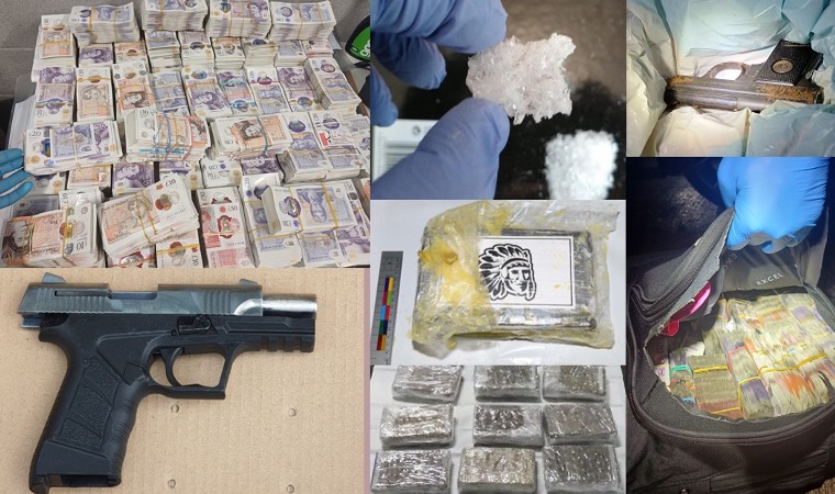 collage of seized items including cash, firearms and drugs